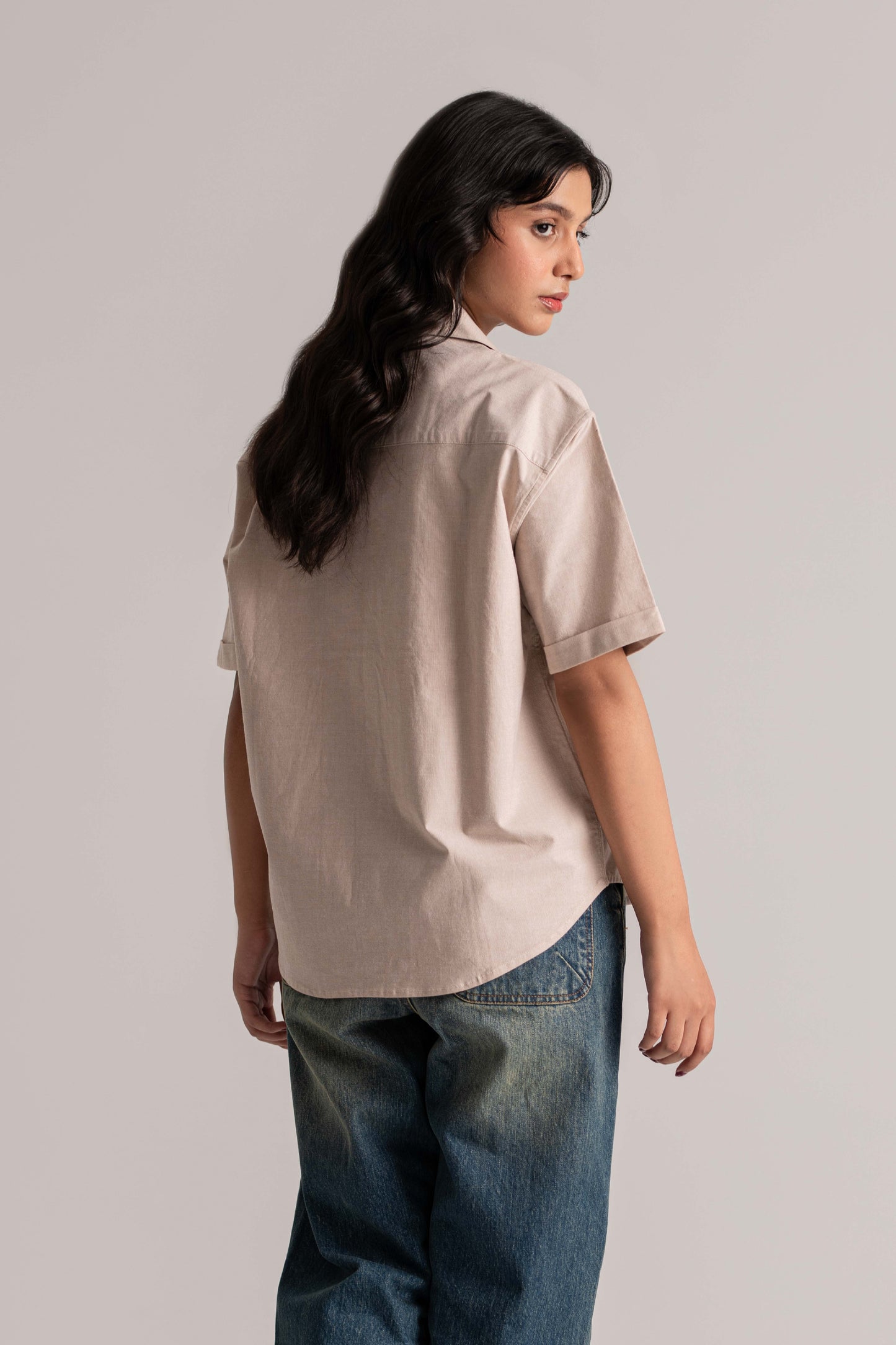 Beige Chambray Loose Half Sleeve Shirt