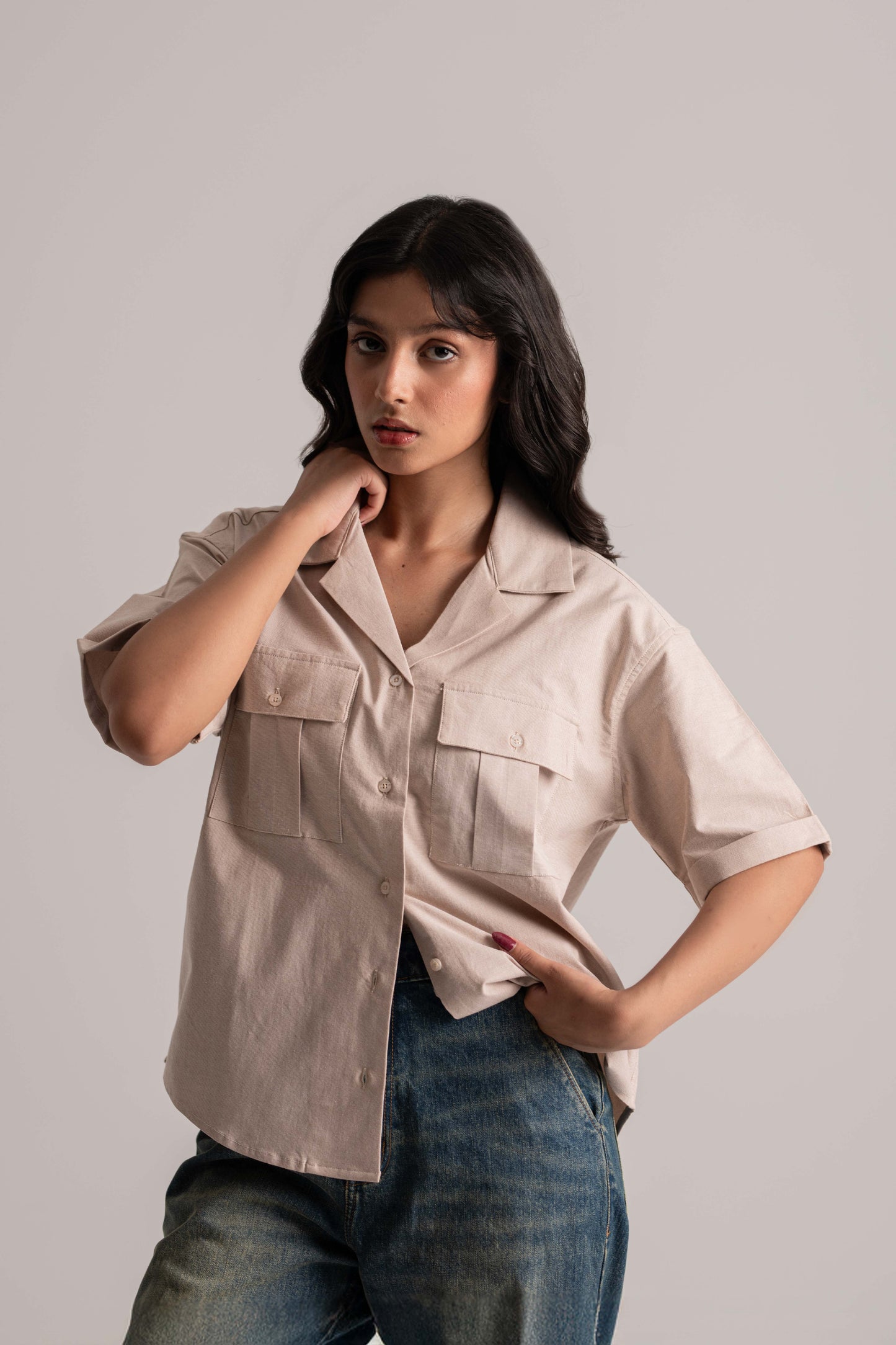 Beige Chambray Loose Half Sleeve Shirt
