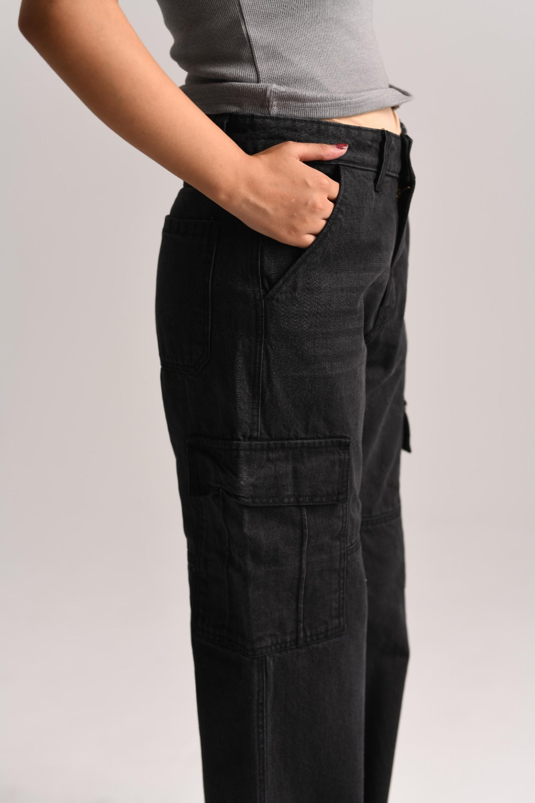 Black Cotton Denim Cargo Pants