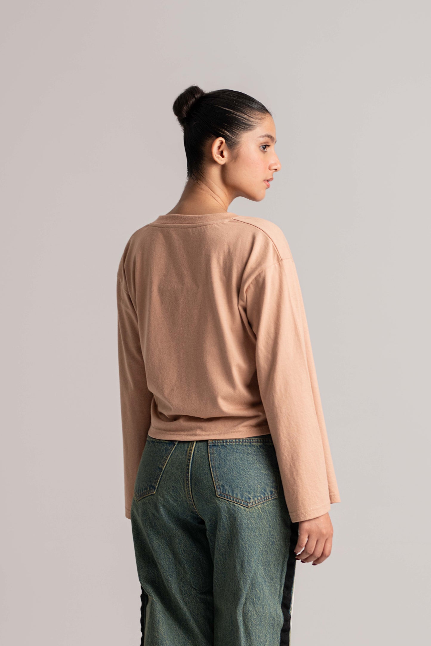 Beige Full Sleeve V-Neck Crop Top