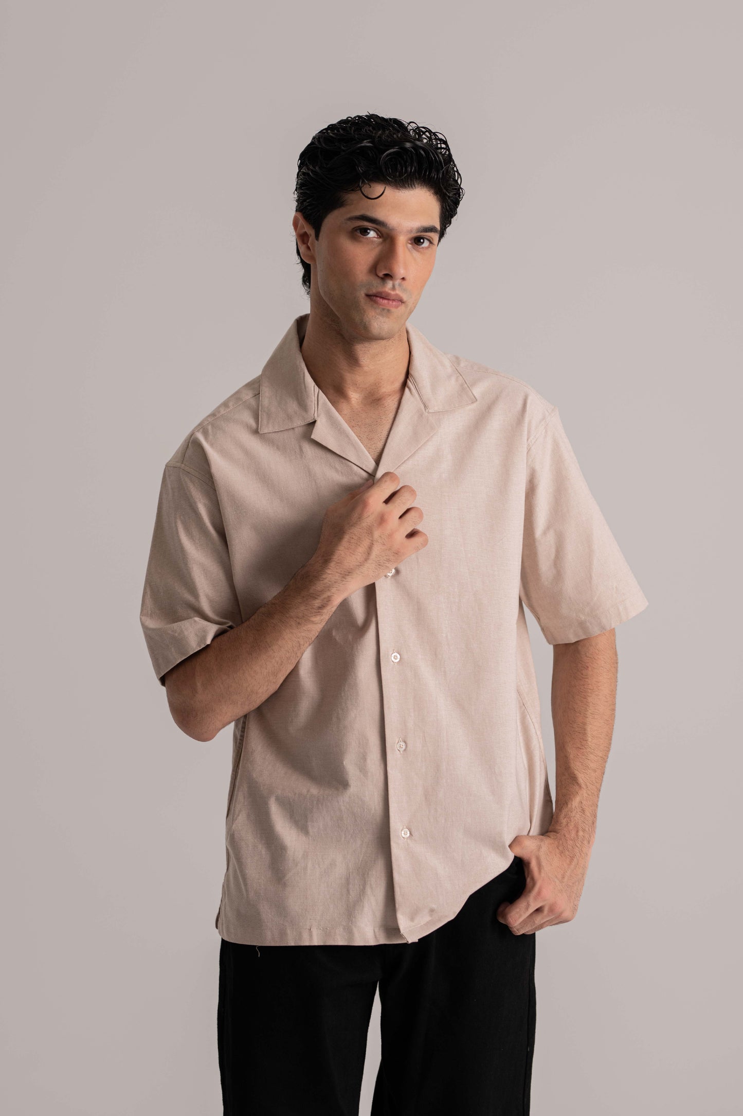 Beige Chambray Half Sleeve Shirt
