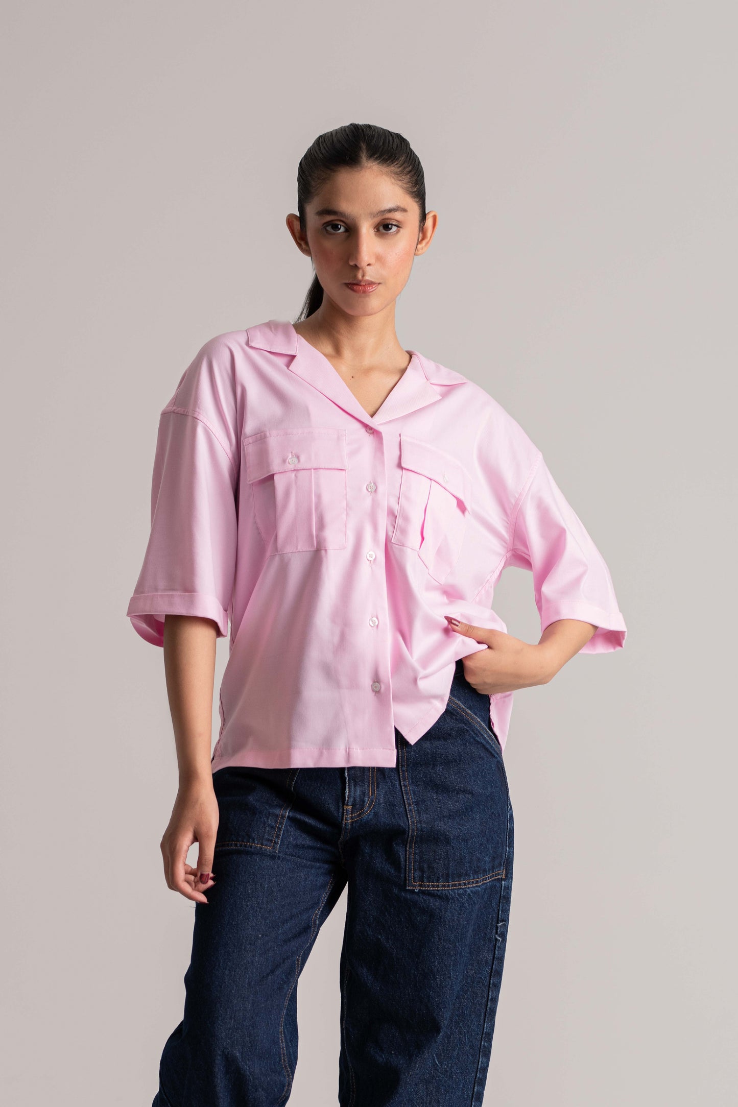 Women’s Pink Oxford Cuban Collar Shirt