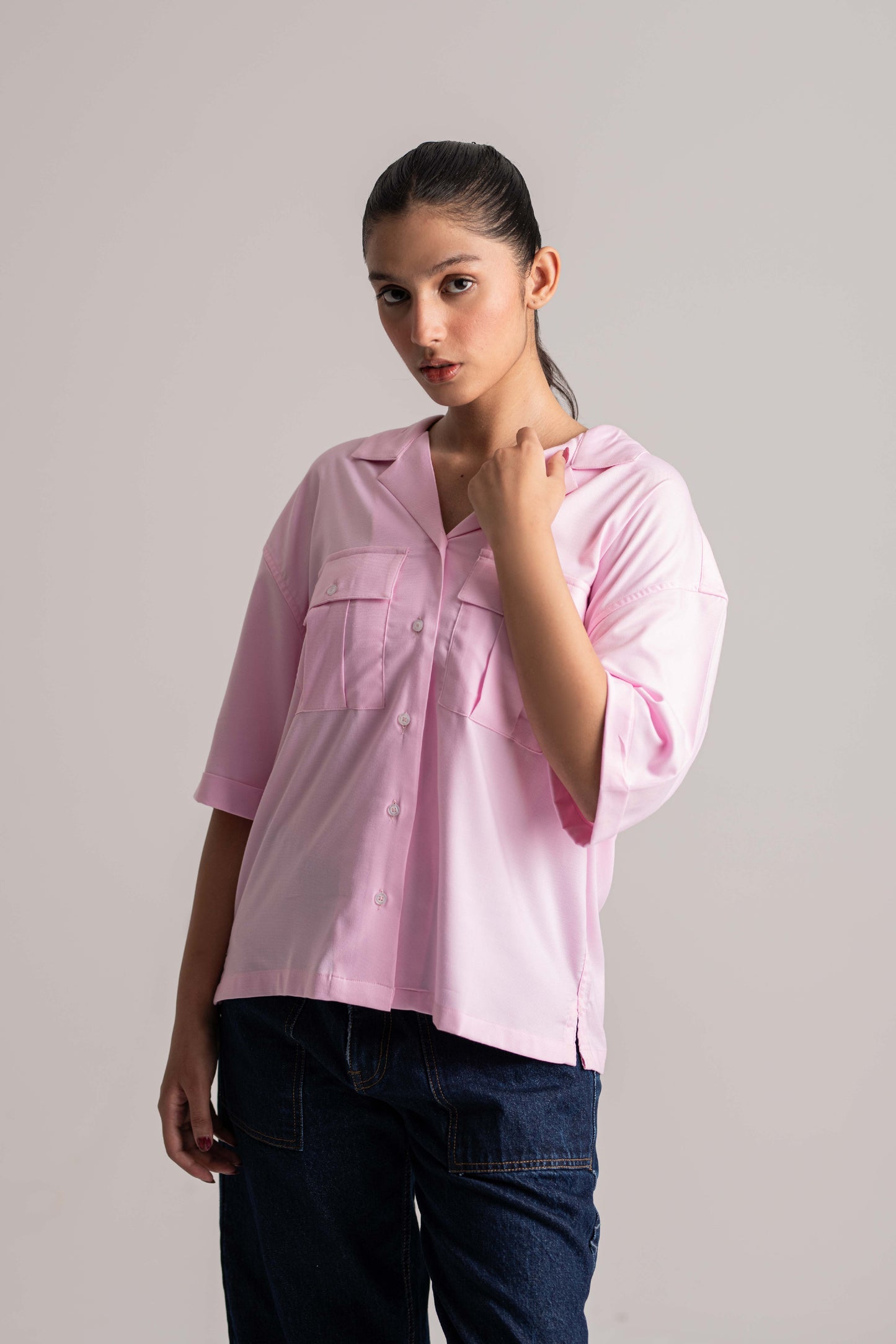 Women’s Pink Oxford Cuban Collar Shirt