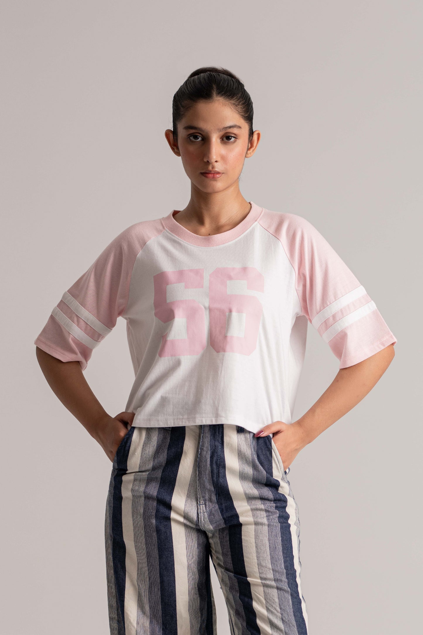 White and Pink Raglan Sleeve Crop Top