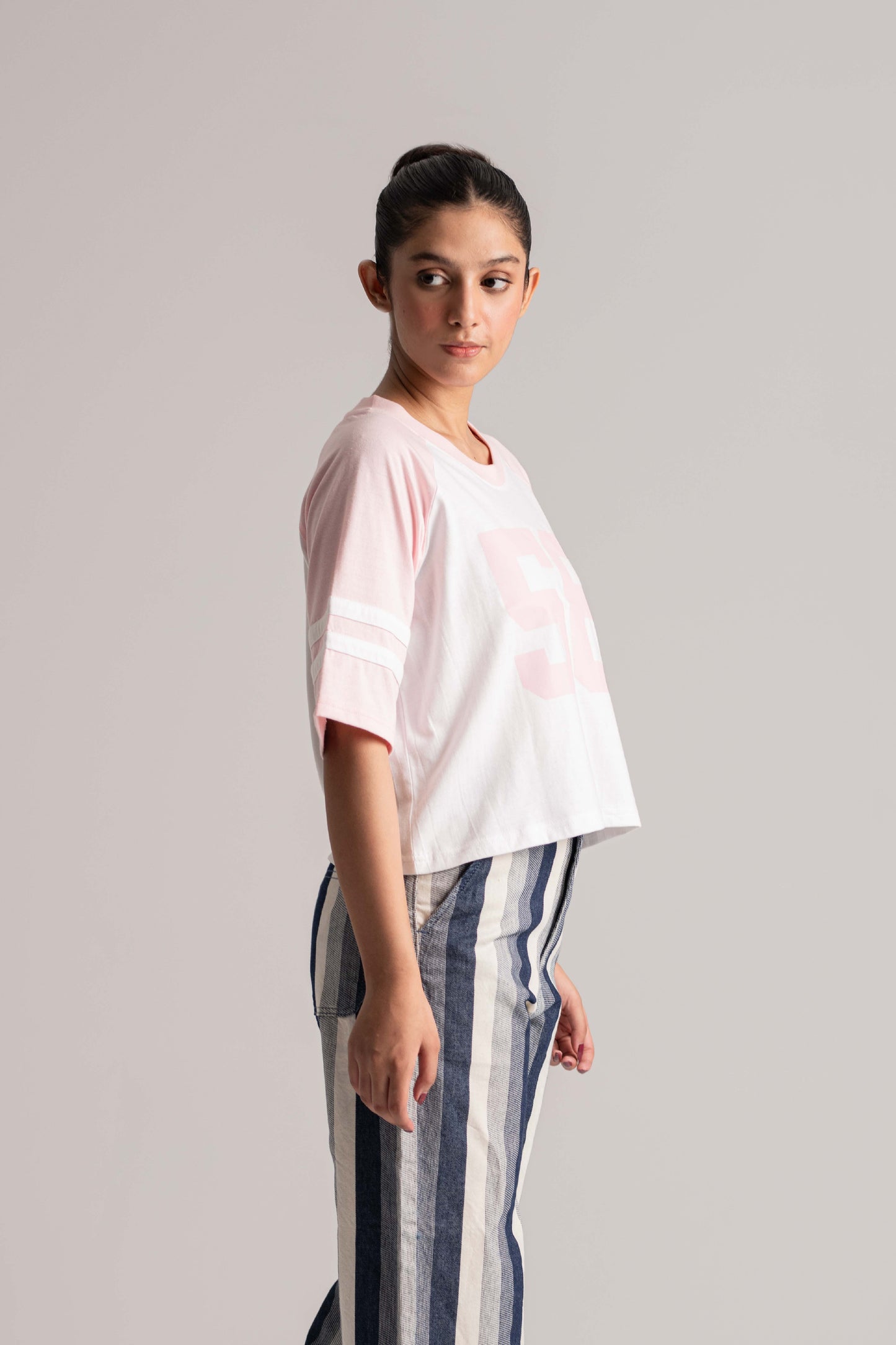 White and Pink Raglan Sleeve Crop Top