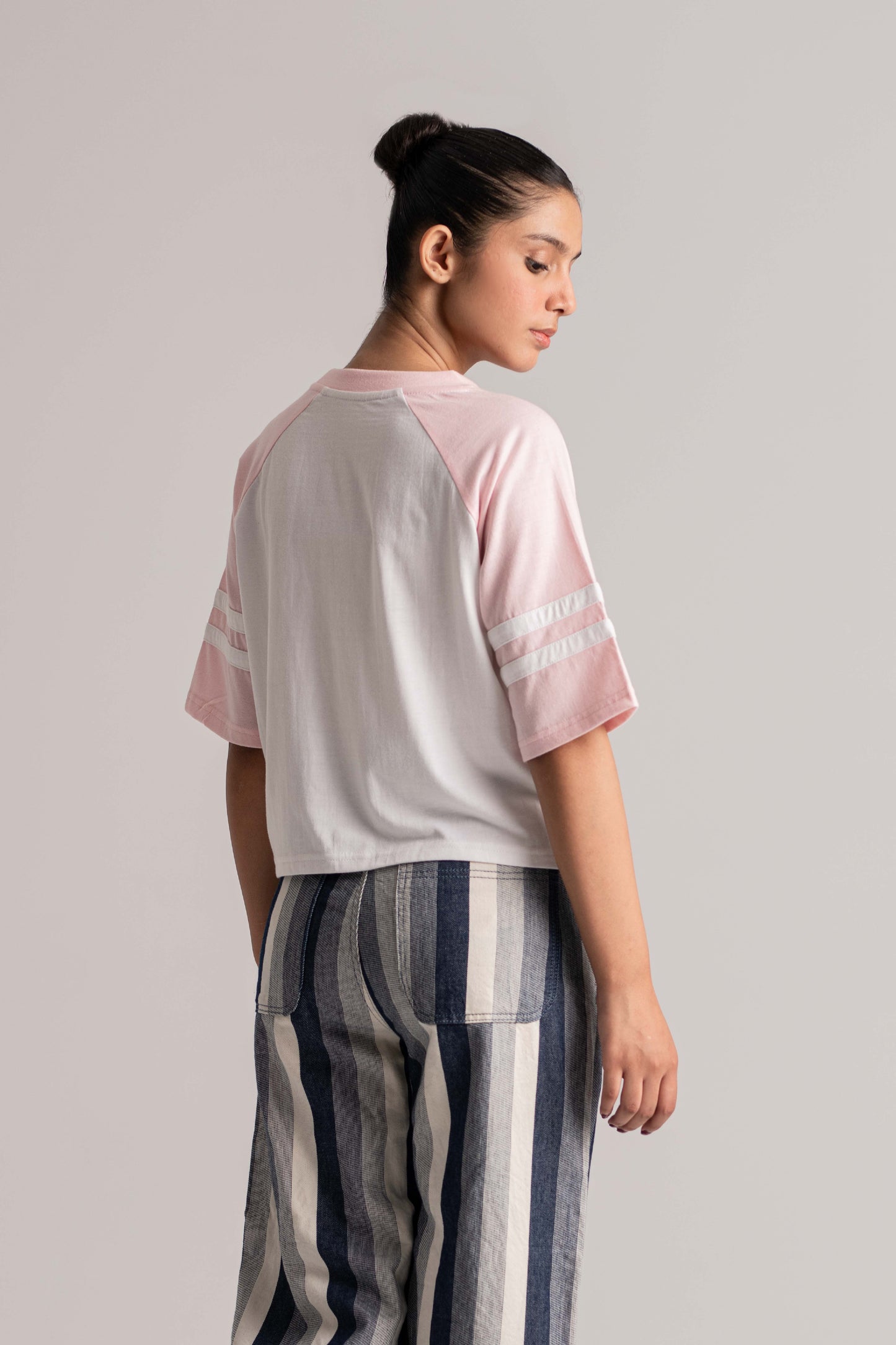 White and Pink Raglan Sleeve Crop Top