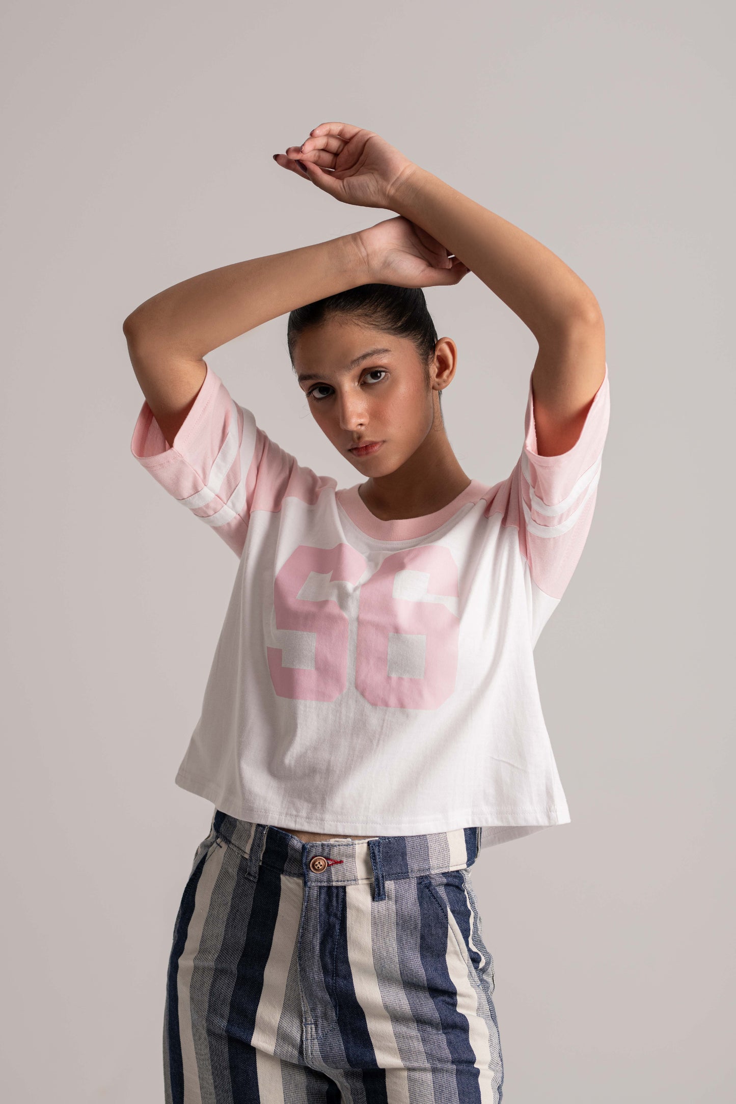 White and Pink Raglan Sleeve Crop Top