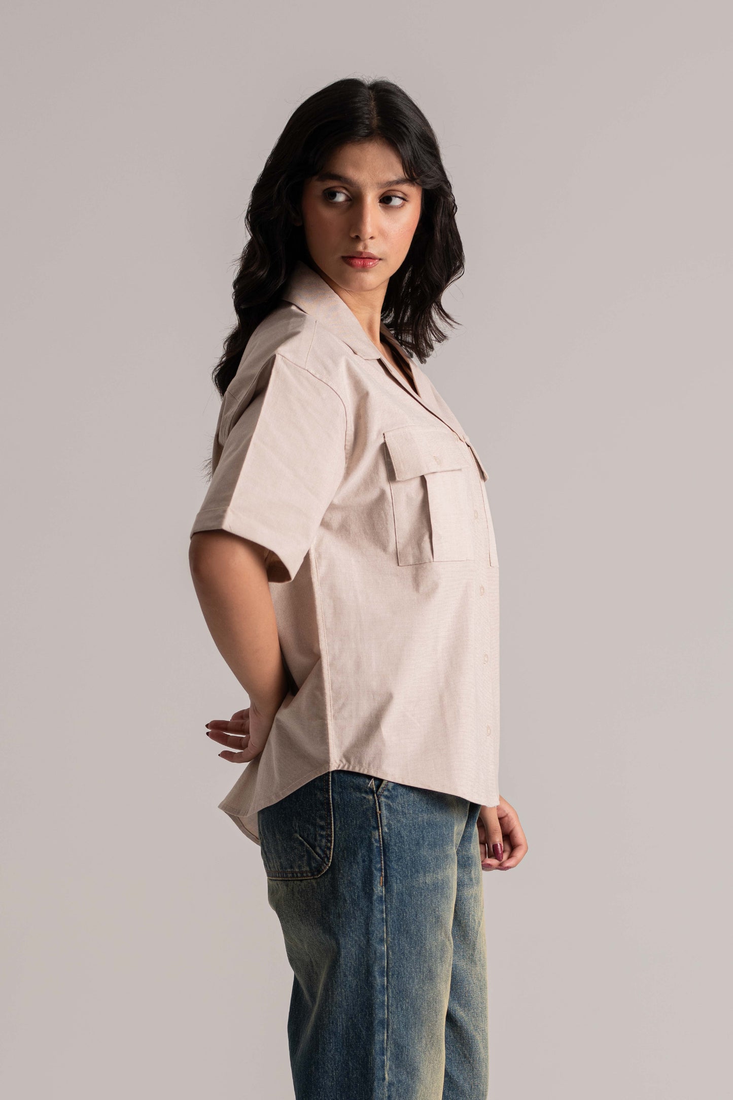Beige Chambray Loose Half Sleeve Shirt