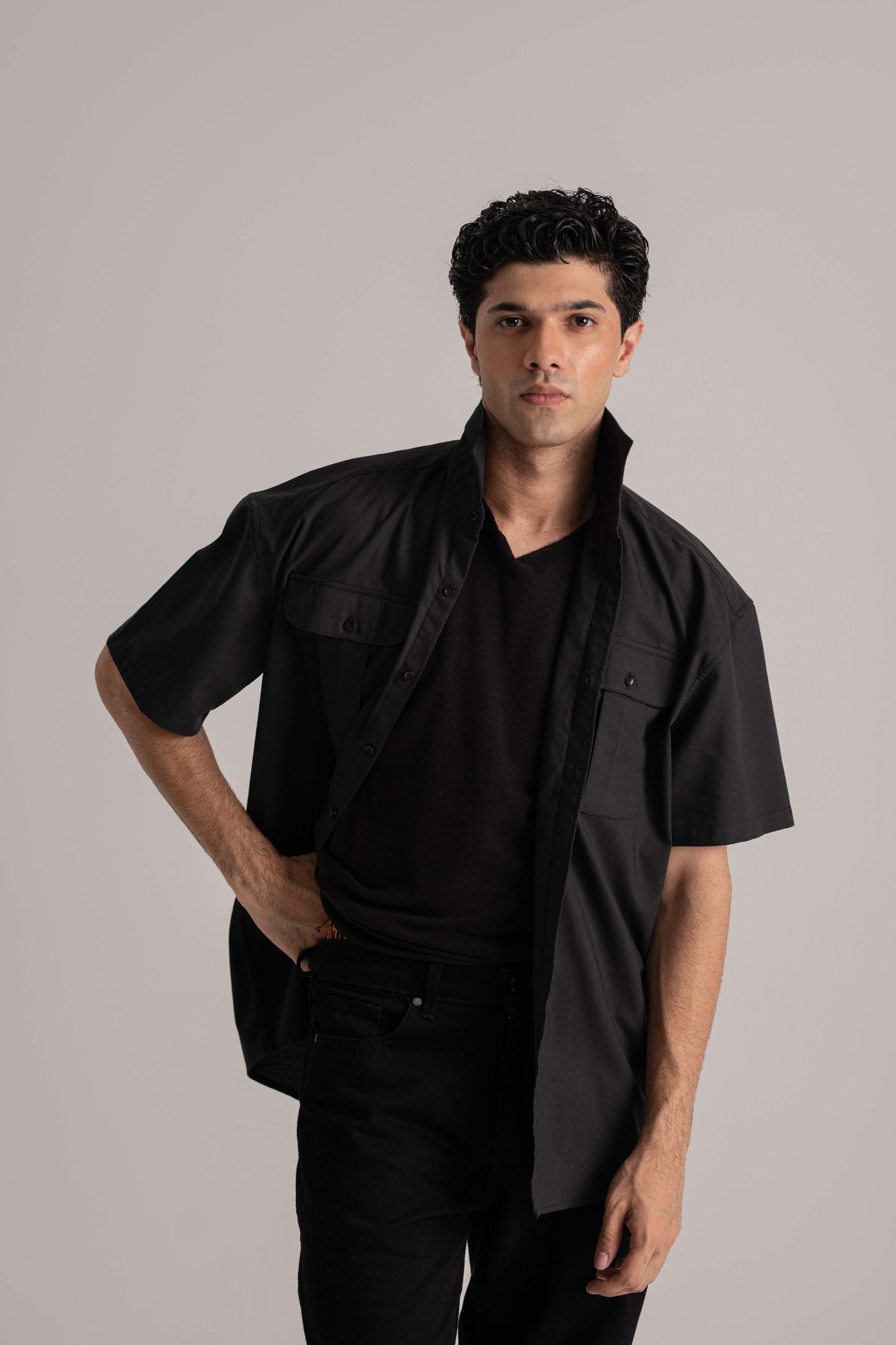 Black Relax Fit Half Sleeve Shirt