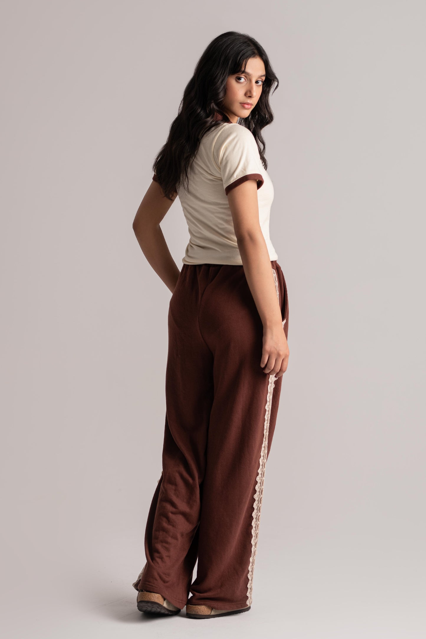 Cream & Brown Cotton Co-ord Set with Laced Detail