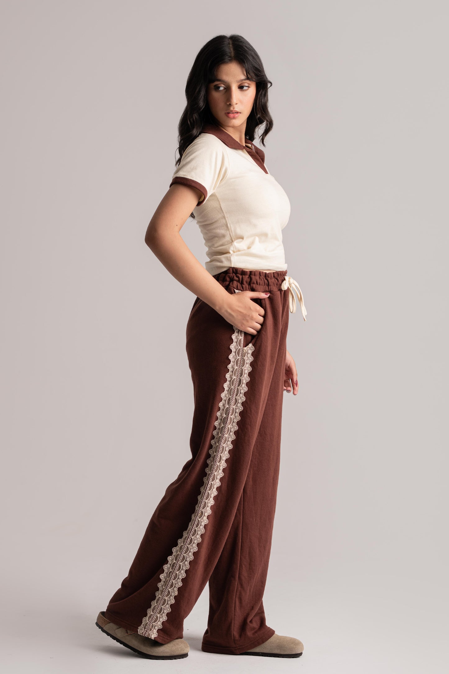 Cream & Brown Cotton Co-ord Set with Laced Detail
