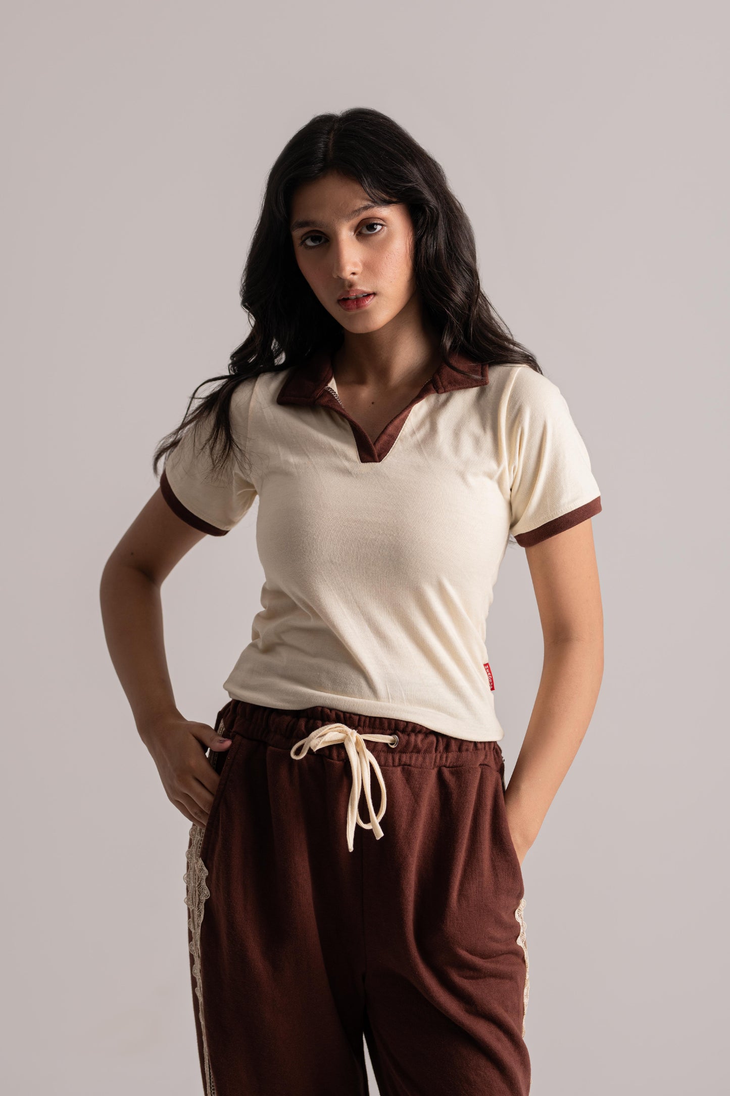 Cream & Brown Cotton Co-ord Set with Laced Detail