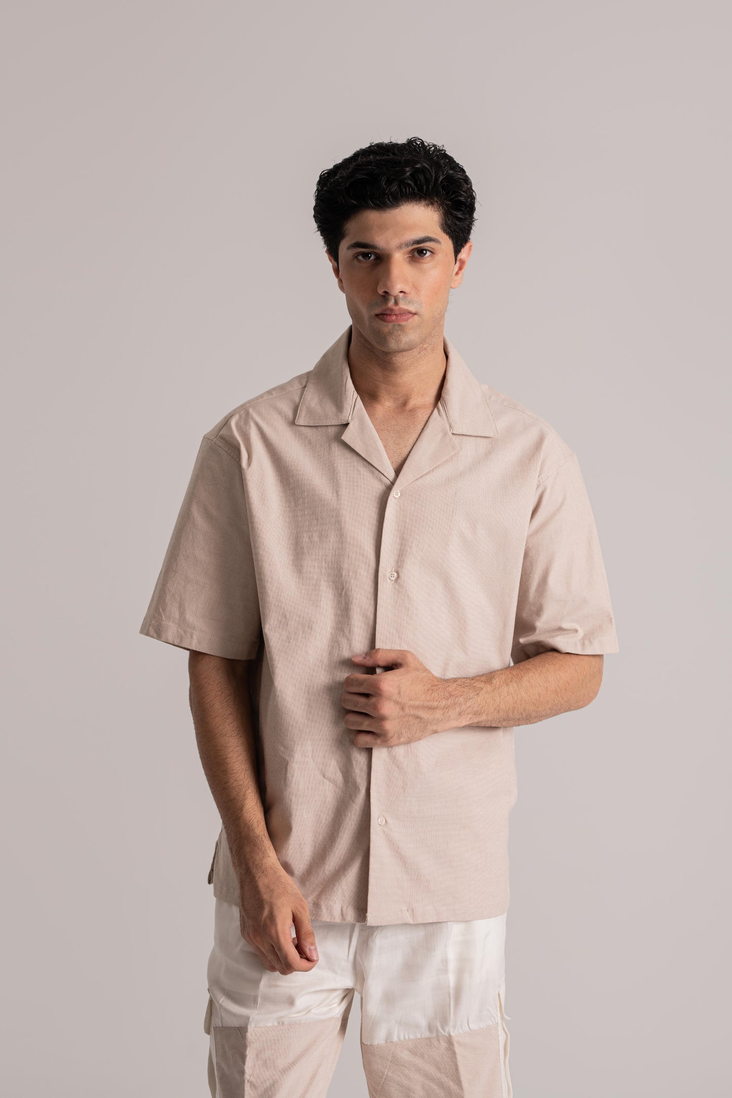 Beige Chambray Shirt & White Cotton Poplin Cargo Trouser Co-ord Set