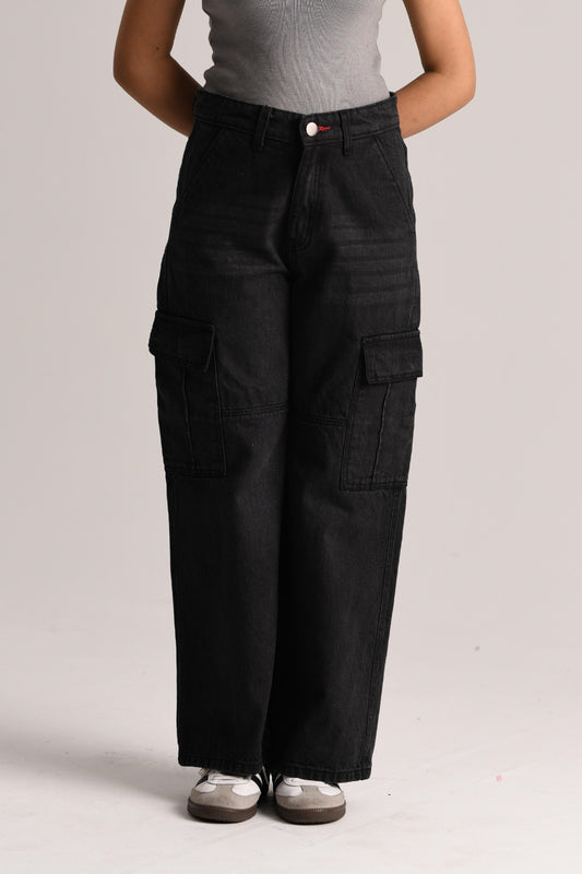 Black Cotton Denim Cargo Pants