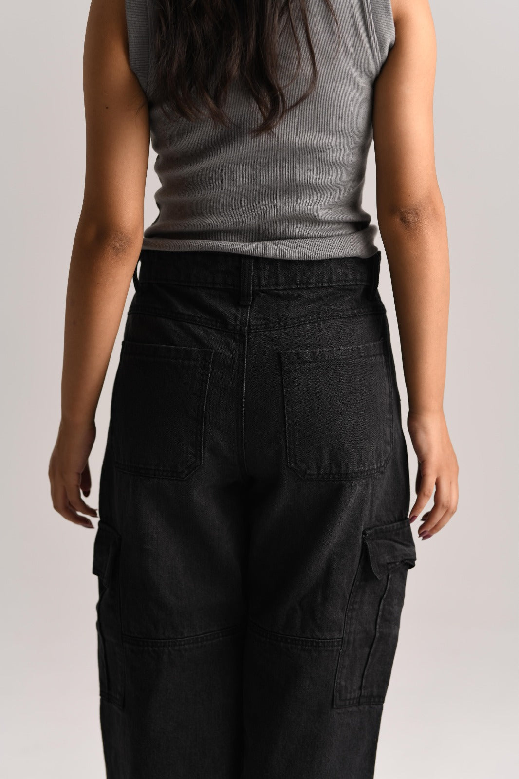 Black Cotton Denim Cargo Pants