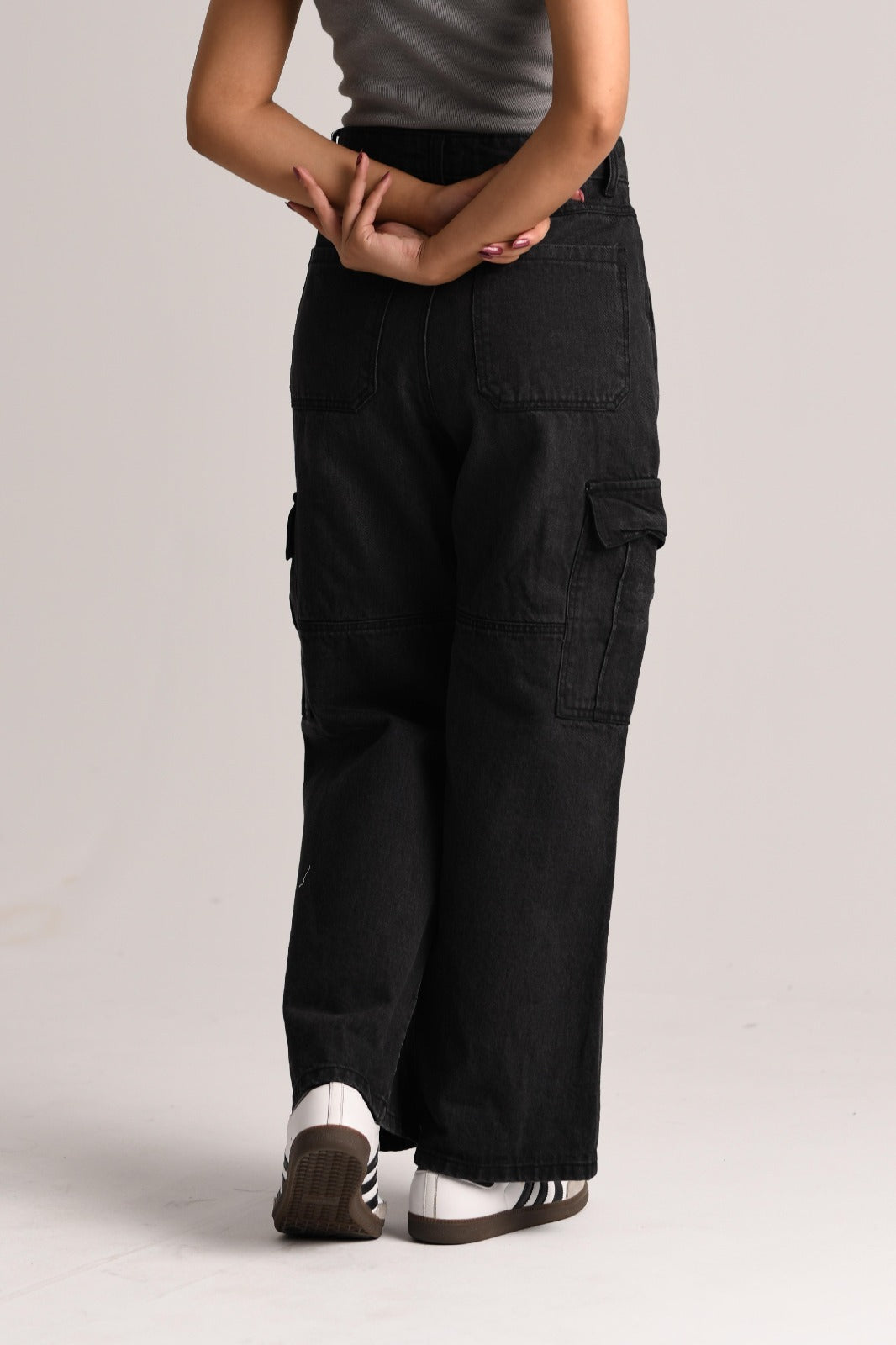 Black Cotton Denim Cargo Pants