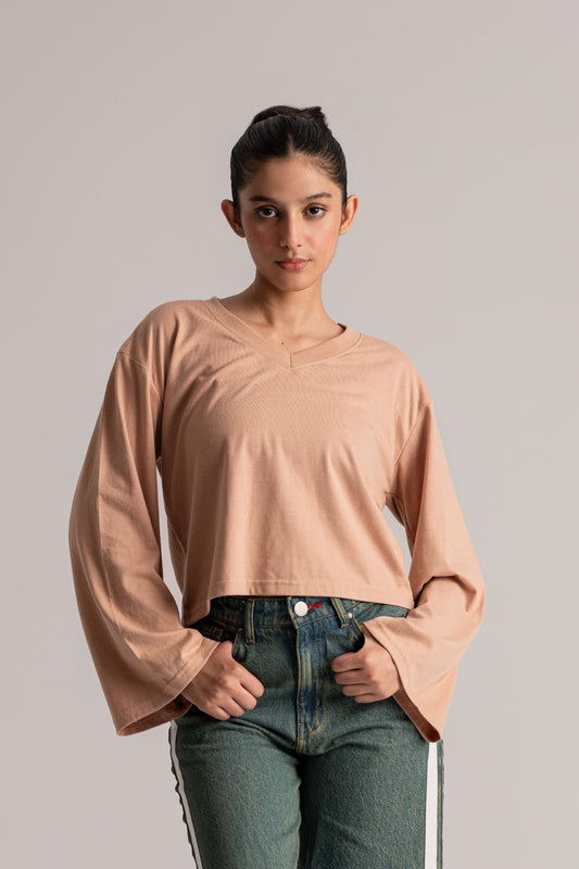 Beige Full Sleeve V-Neck Crop Top