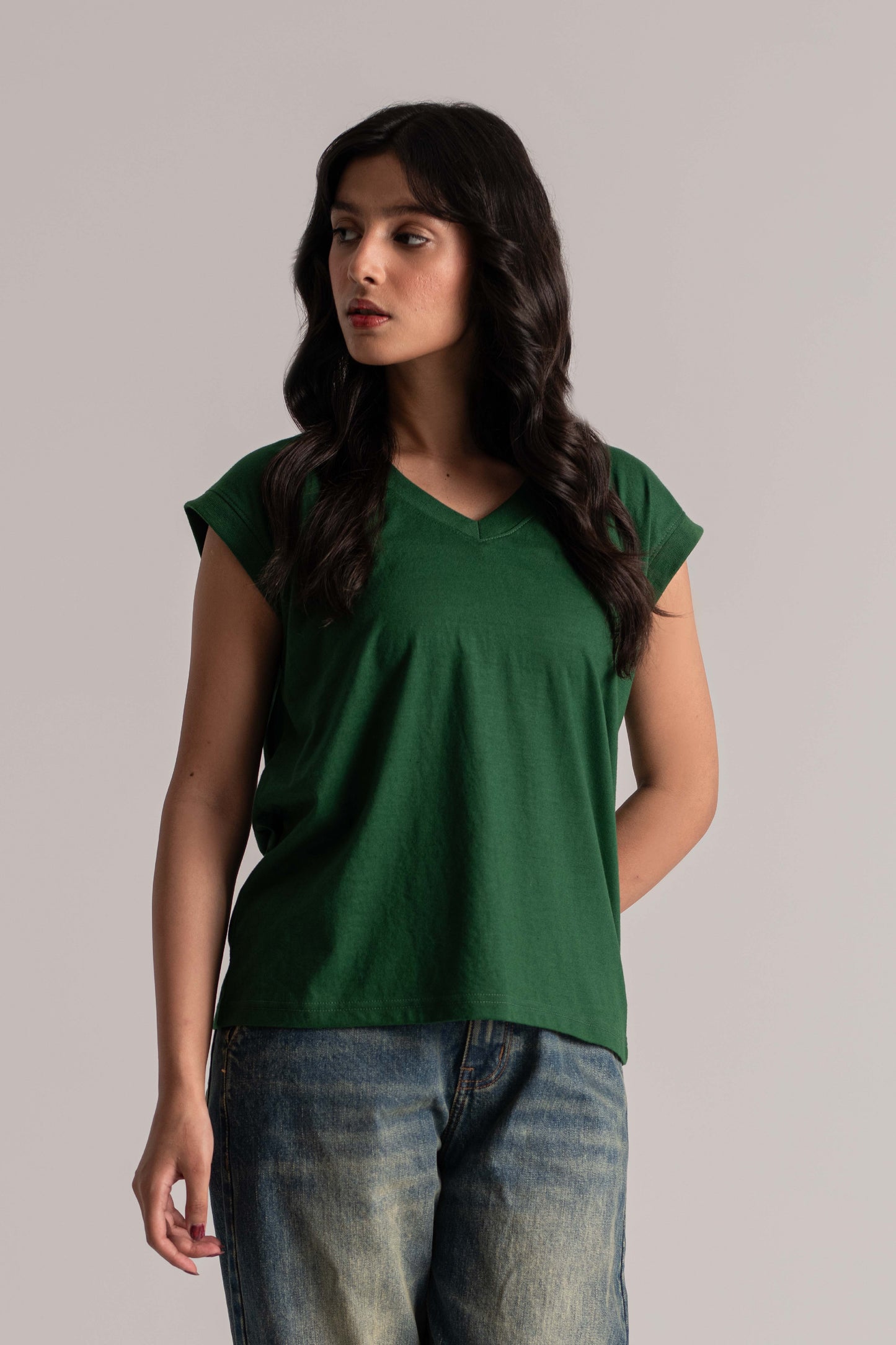 Green Basic V-Neck T-Shirt