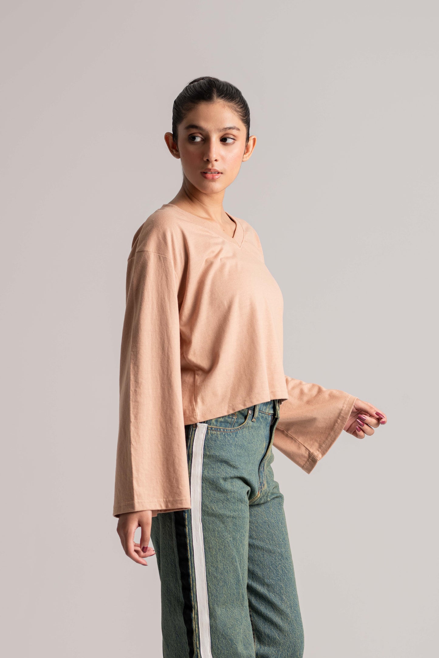 Beige Full Sleeve V-Neck Crop Top