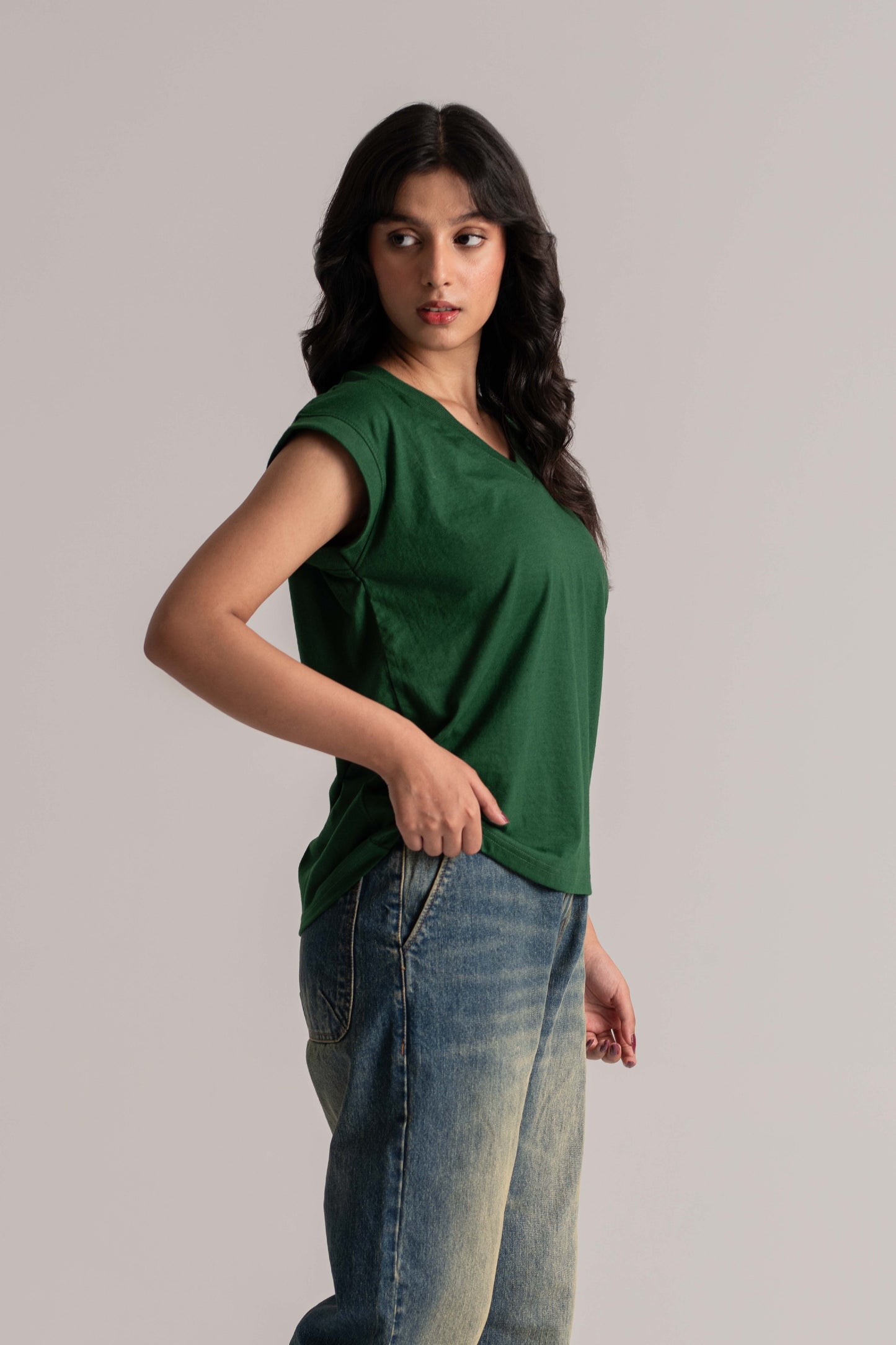Green Basic V-Neck T-Shirt