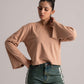 Beige Full Sleeve V-Neck Crop Top