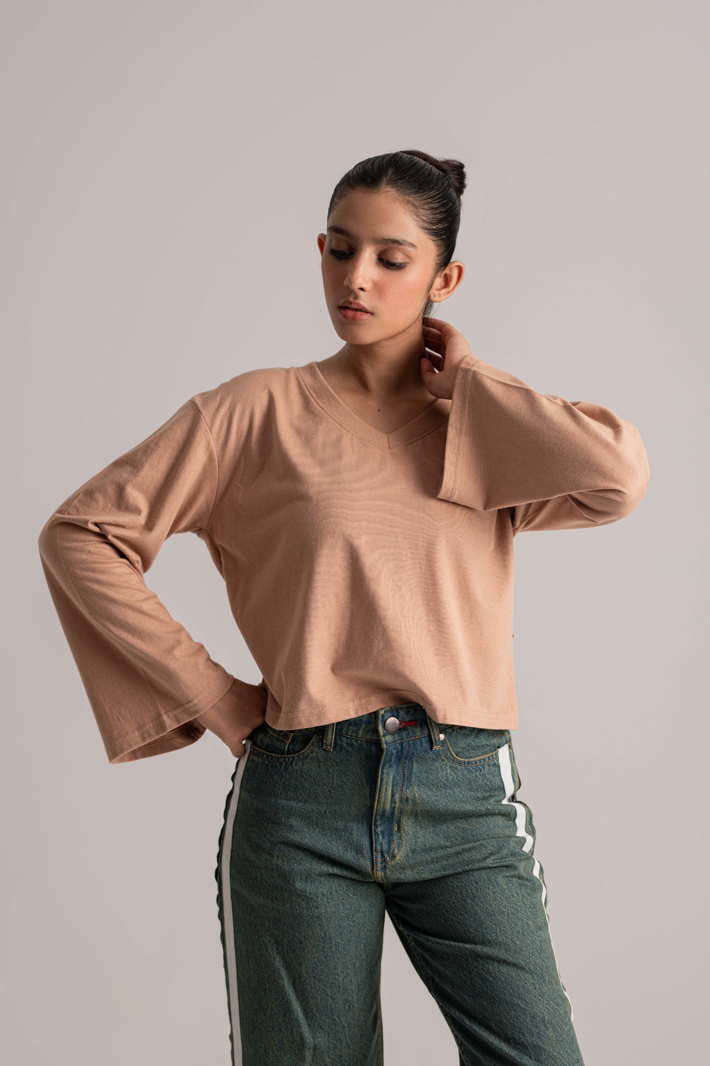 Beige Full Sleeve V-Neck Crop Top
