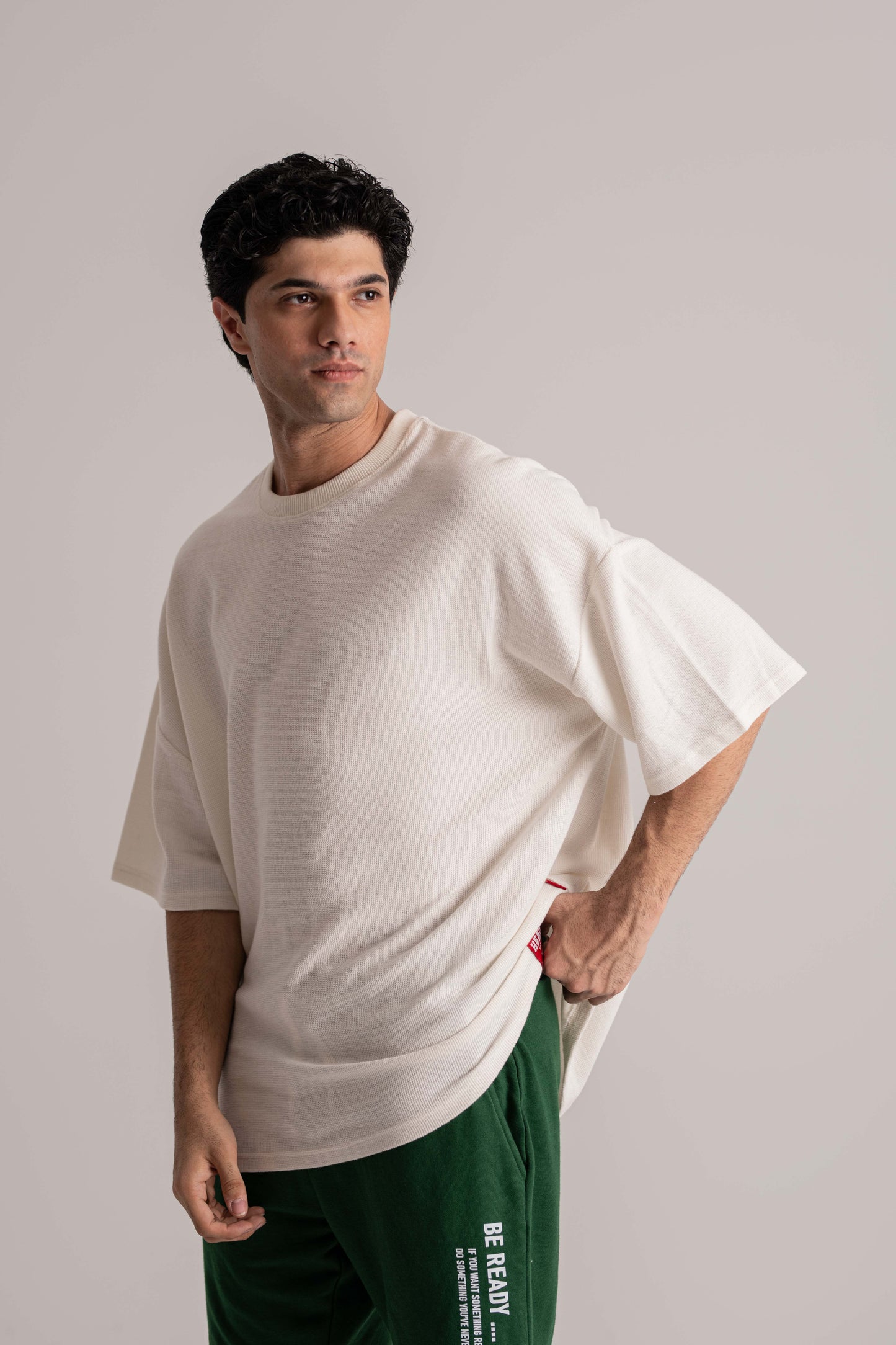 White Round Neck Oversized Thermal T-Shirt