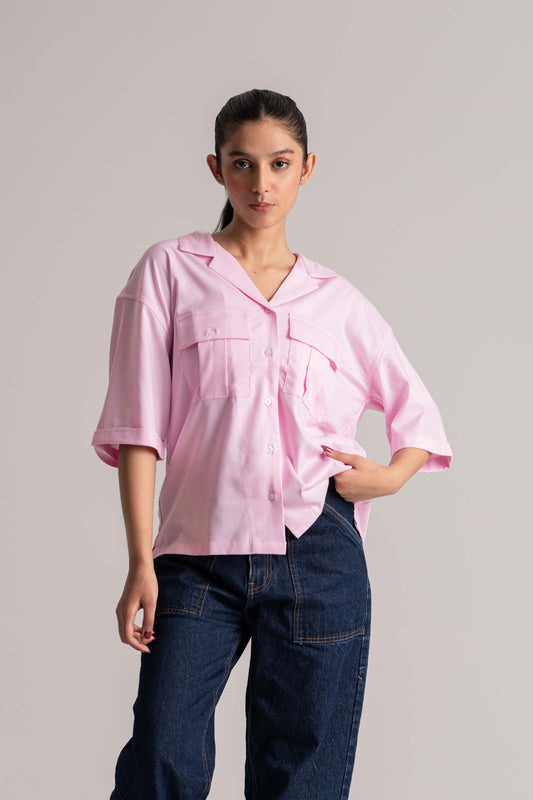 Women’s Pink Oxford Cuban Collar Shirt