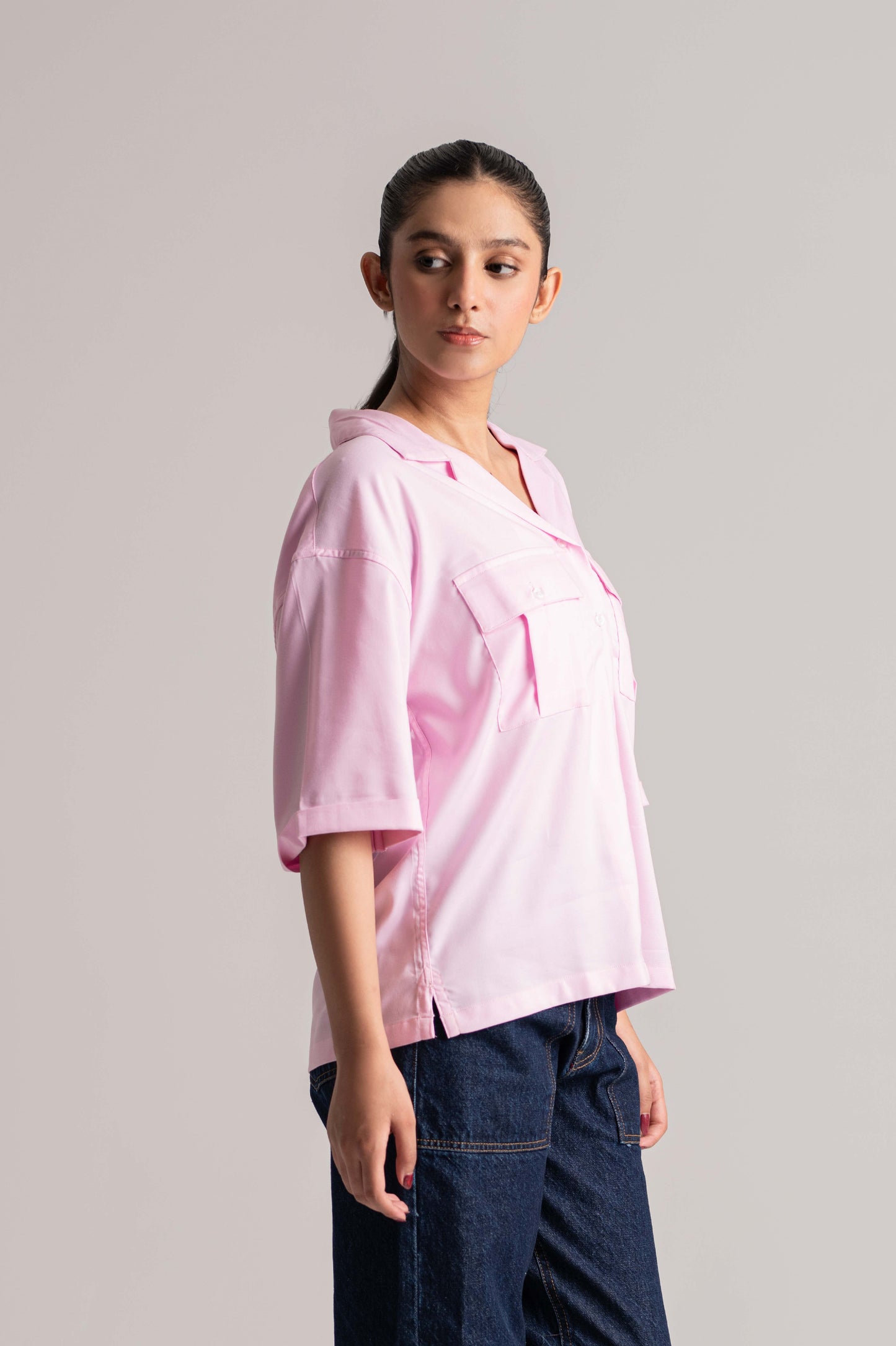Women’s Pink Oxford Cuban Collar Shirt