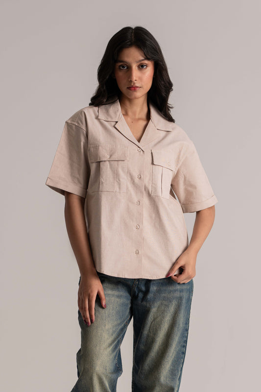Beige Chambray Loose Half Sleeve Shirt