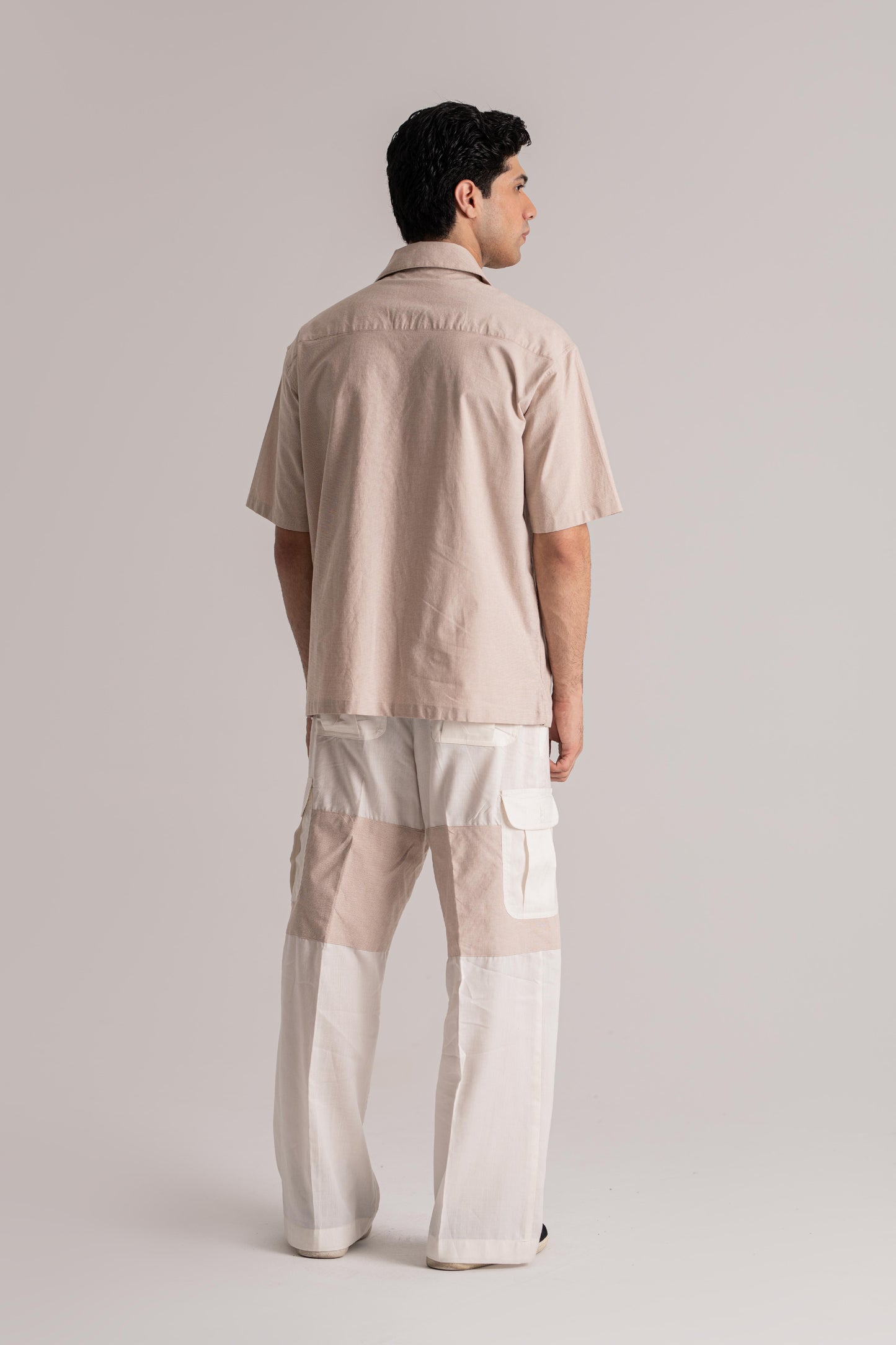 Beige Chambray Shirt & White Cotton Poplin Cargo Trouser Co-ord Set