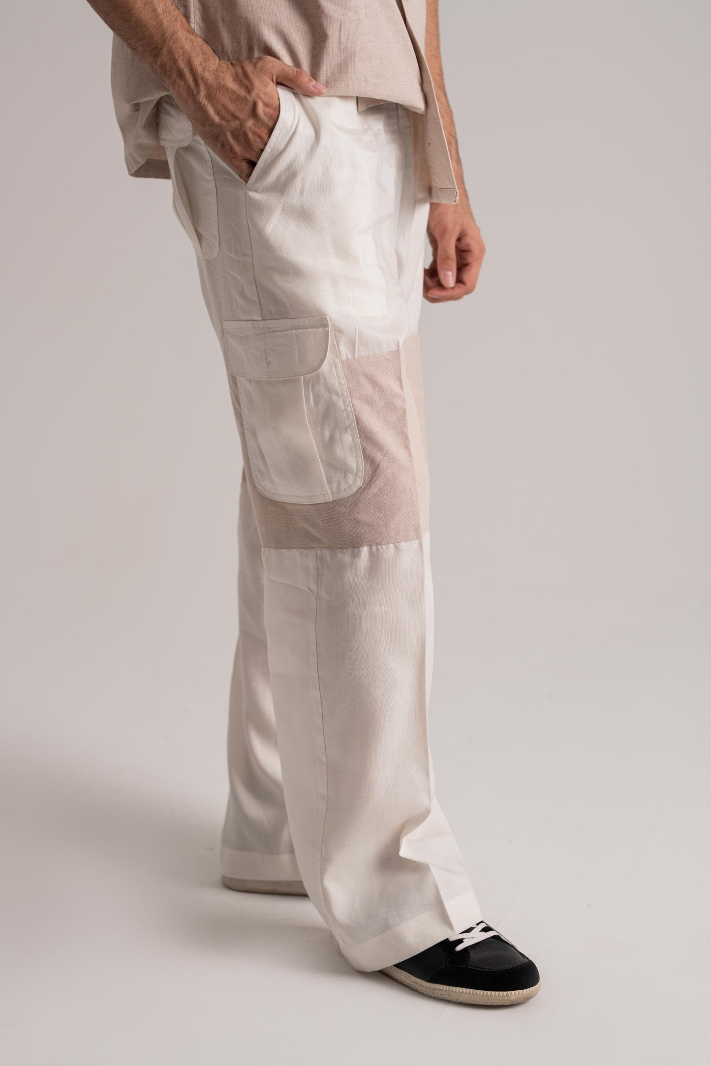 Beige Chambray Shirt & White Cotton Poplin Cargo Trouser Co-ord Set