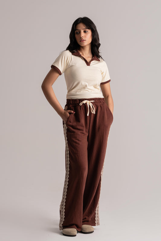 Cream & Brown Cotton Co-ord Set with Laced Detail