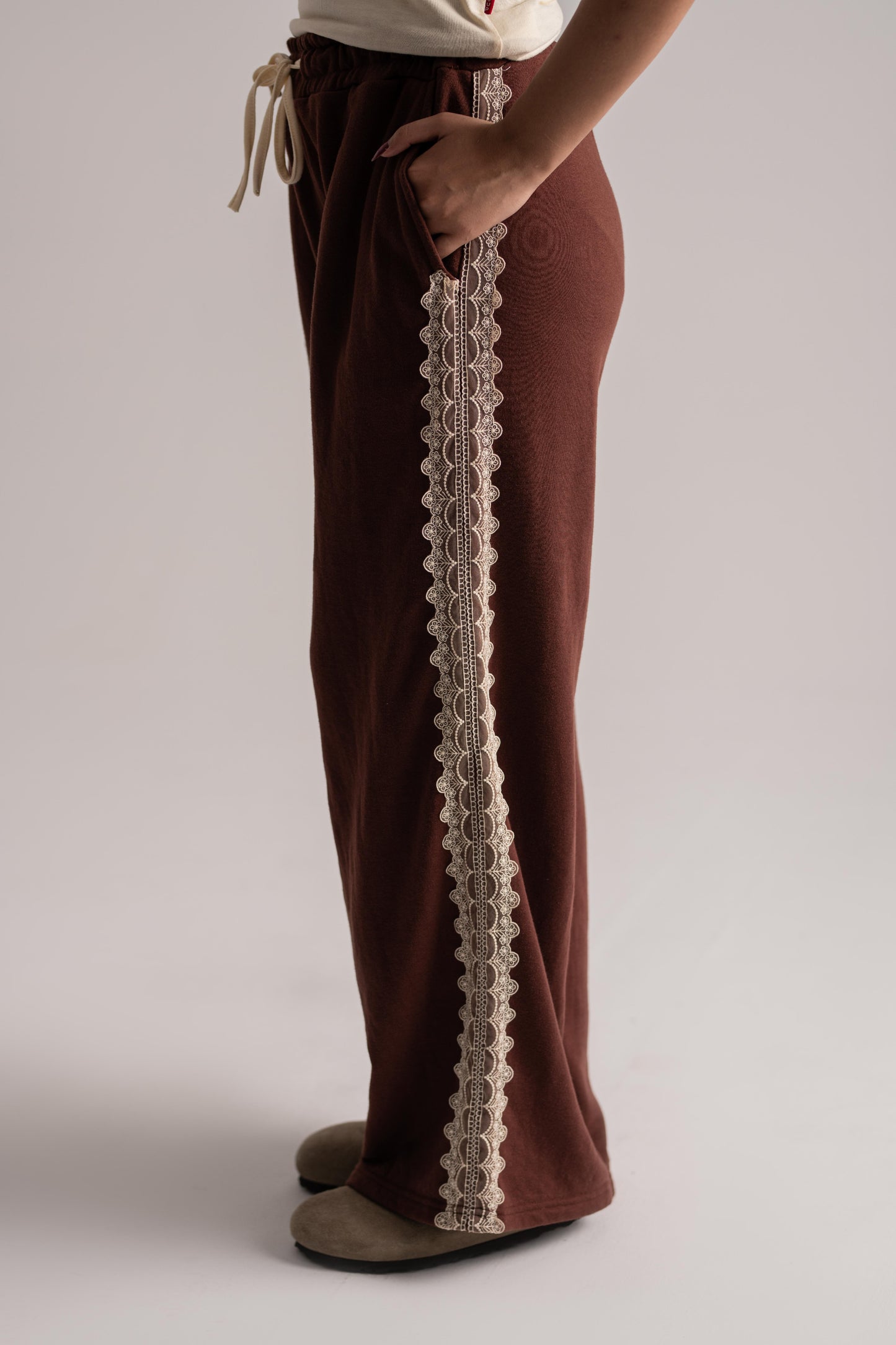 Cream & Brown Cotton Co-ord Set with Laced Detail