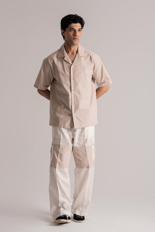 Beige Chambray Shirt & White Cotton Poplin Cargo Trouser Co-ord Set
